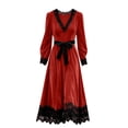 thumbnail image 5 of Ygbgbb Women's Long Sleeve V‑Neck Midi Dress, Lace Trim Bow Waist Medieval Gothic Dress for Halloween Cosplay Themed Parties Red XL, 5 of 5