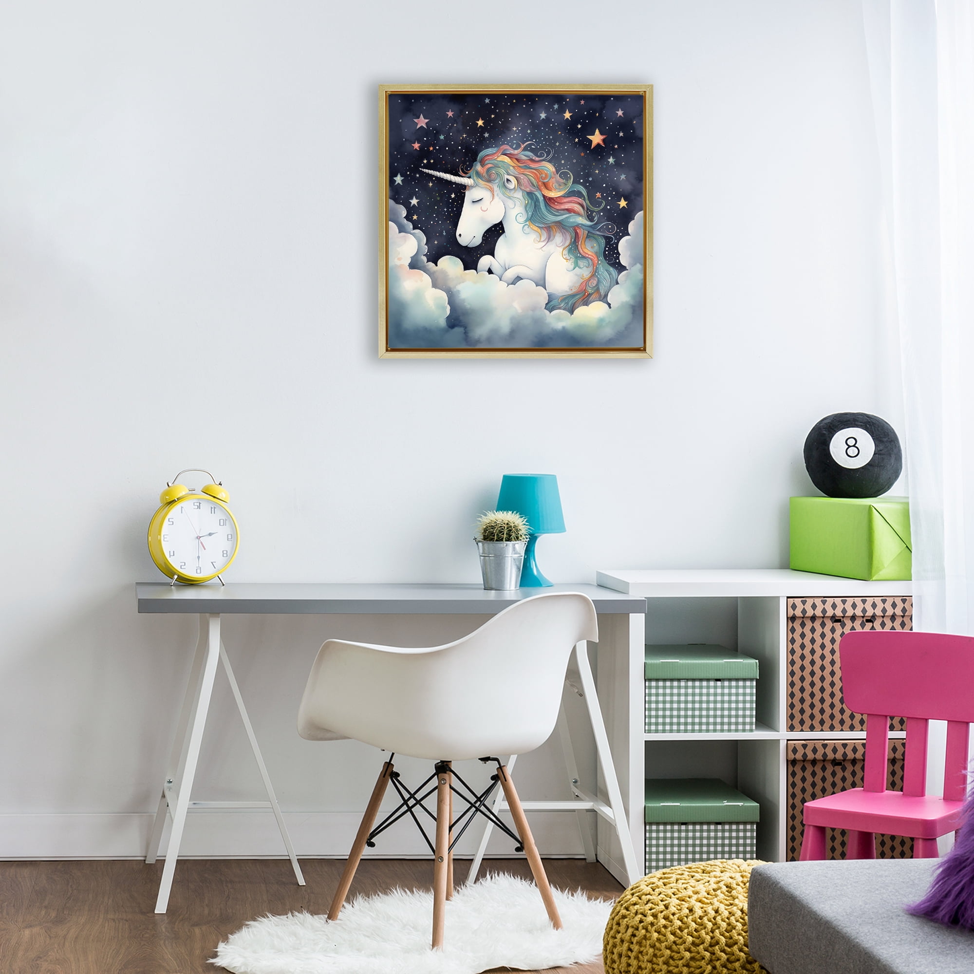 Stupell Industries Sleepy Unicorn in Starlit Clouds Gold Framed Floater Canvas Wall Art, design by Creative Studio