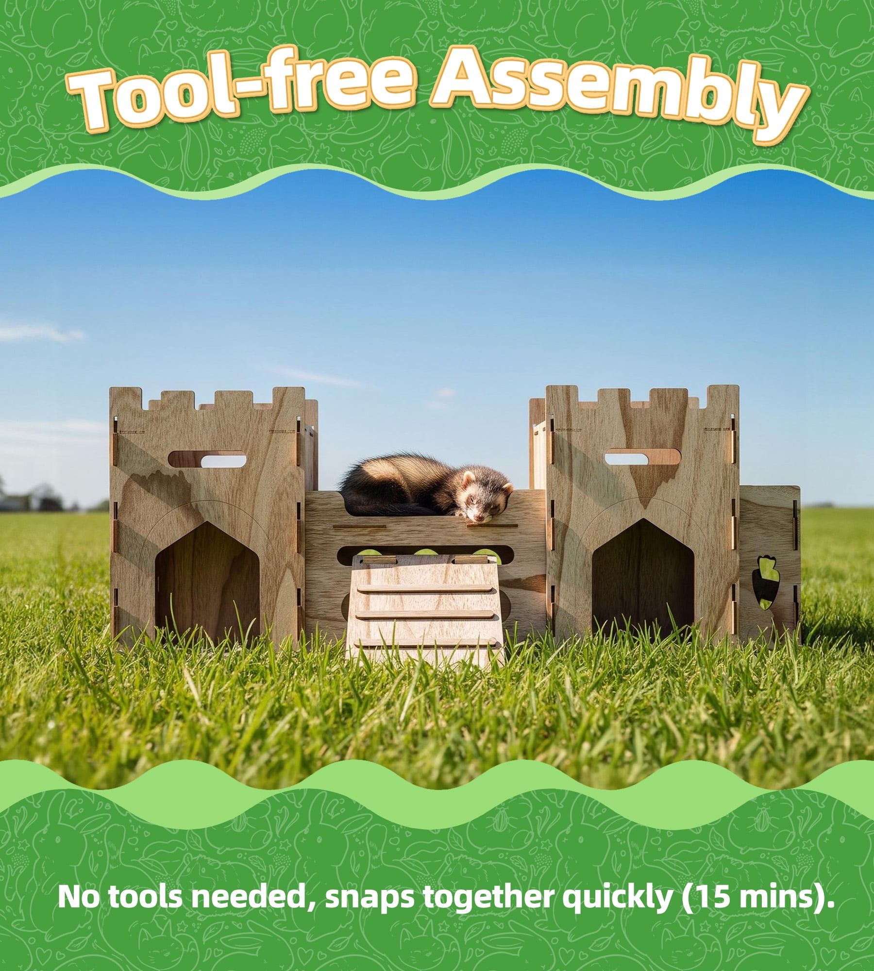 HIIMALEX Extra Large Bunny Castle with Hay Feeder Anti-slip Ramp Multistory Hideout House for Rabbit Guinea Pig Chinchilla Ferret (T1T)
