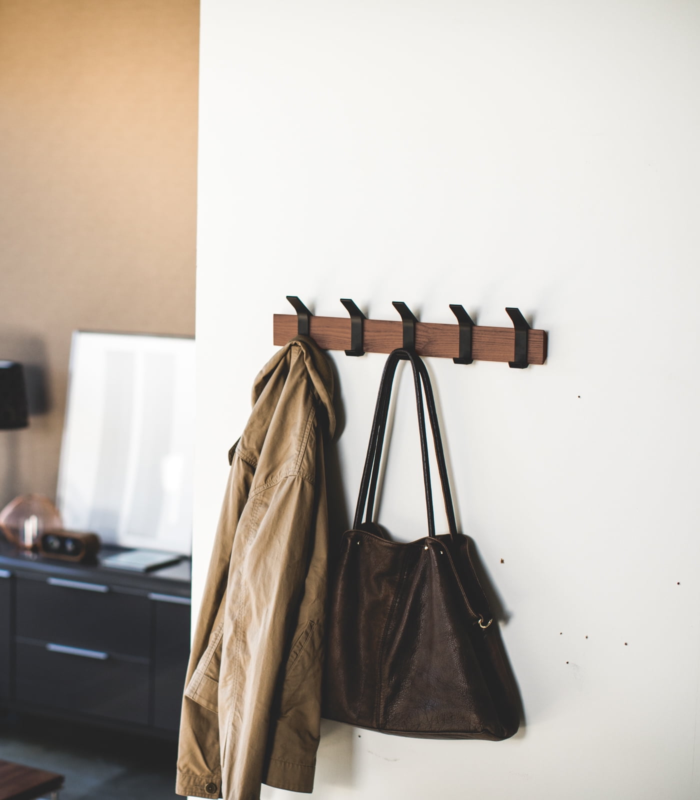 Modern Urban Walnut and Steel Adjustable Wall-Mounted Coat Hanger