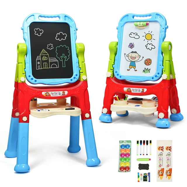 Costway Chevalet Artistique pour Enfants à Hauteur Réglable, Magnétique, Planche Double Face avec Accessoires, Bleu
