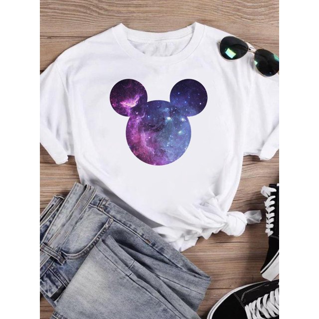 Disney Fashion Leopard Love Ear Trend Women Cartoon Print Clothing Mickey Mouse Tee Shirt Casual Graphic Short Sleeve T-shirtsL Gao Jinjia LED