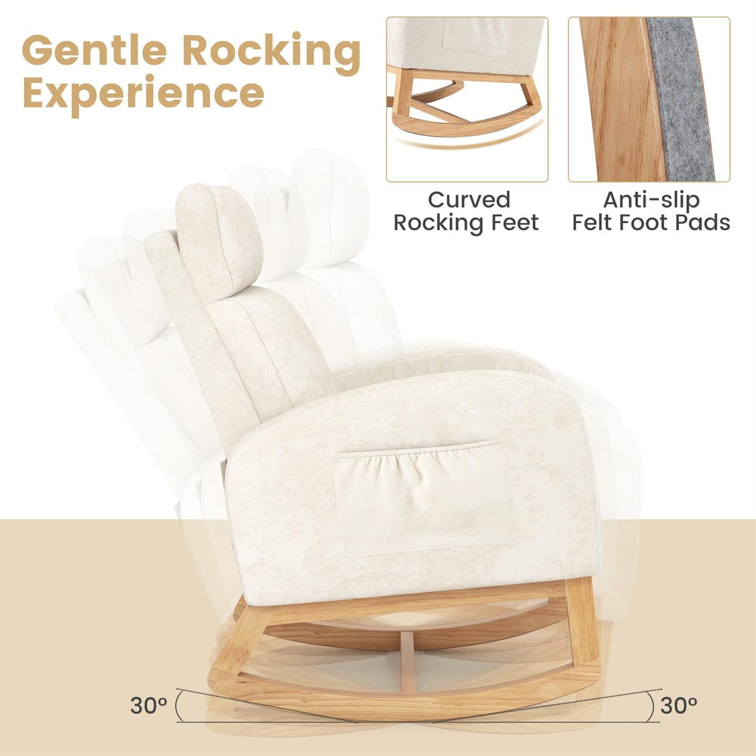 Spaco Chenille Nursery Rocking Chair, Rubber Wood Frame, Ergonomic Support, Side Pockets, Beige