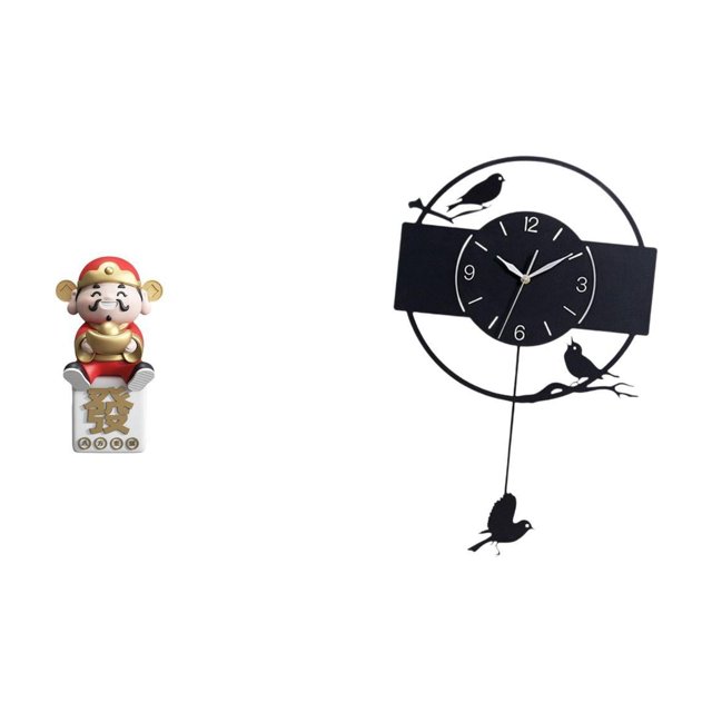 Figura de escritorio,Figura de Dios de la Fortuna de dibujos animados,regalo Feng Shui,Reloj de pared,Reloj de pared colgante con forma de pájaro,de acrílico negro.,Reloj de pared decorativo