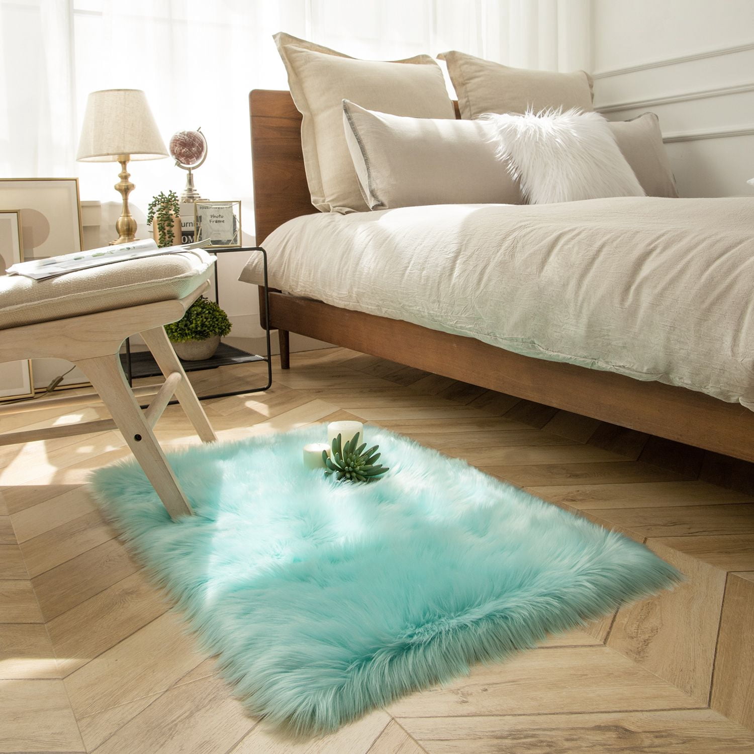 Phantoscope Faux Fur Area Rug, Fluffy Turquoise Shag Carpet, Ultra Soft Machine Washable Indoor Area Rug, 2' x 3', Rectangular for Living Room, Bedroom, Nursery & Kids Room