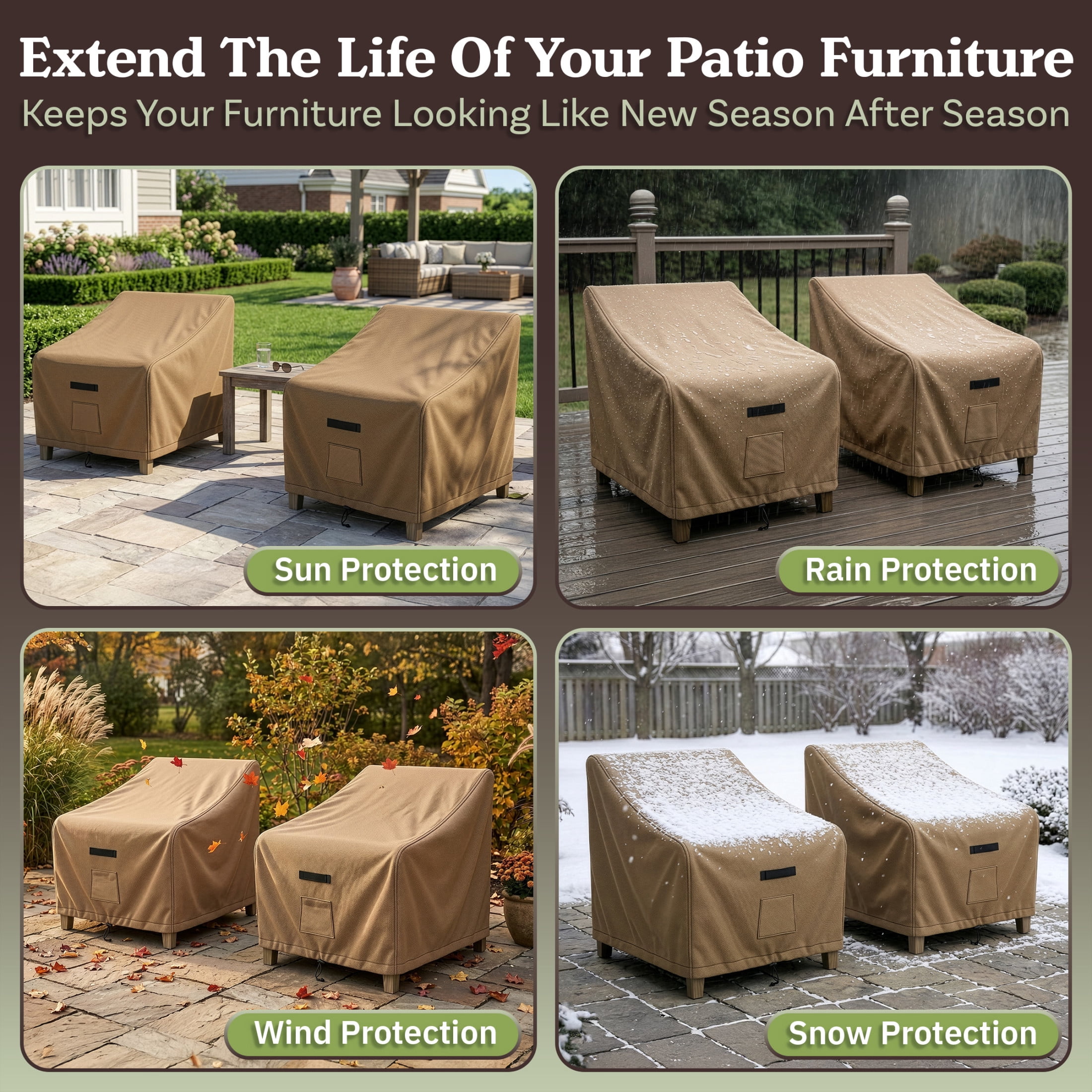 Pure Garden 35x38x34in Waterproof Deep Single Seat Outdoor Chair Covers 2-Pack, Tan