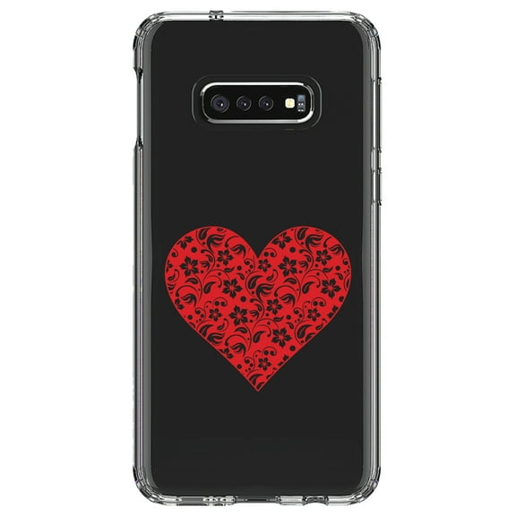 DistinctInk Clear Shockproof Hybrid Case for Samsung Galaxy S10e (5.8" Screen) - TPU Bumper Acrylic Back Tempered Glass Screen Protector - Red Floral Heart Clear