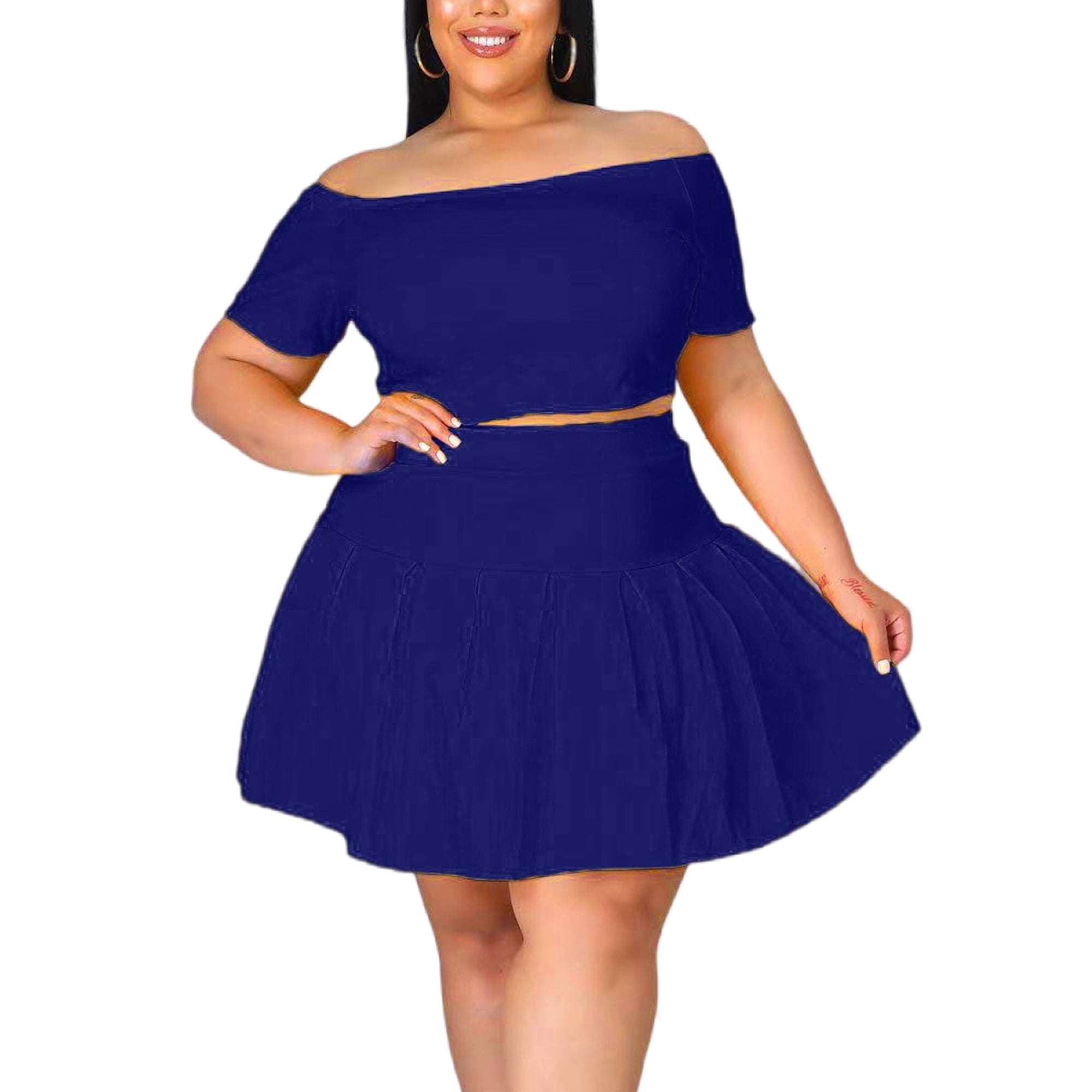 UKAP Women Plain 2 Piece Outfits Plus Size Loungewear Set Short Sleeve Off Shoulder Crop Top And Pleated Mini Skirt Skort Set Navy Blue XL