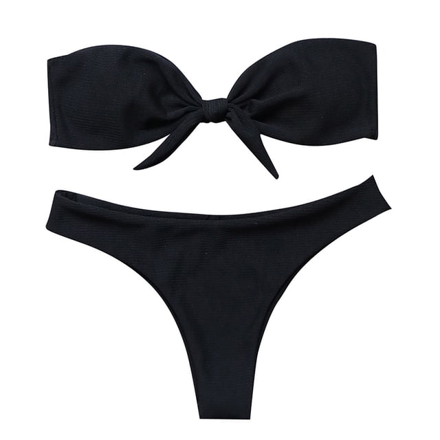 willbest trajes de baño mujer completo conjunto de bikini bandeau de corte alto con lazo sólido sexy para mujer traje de baño de dos piezas negro. Vista frontal centrada: top bandeau sin tirantes con nudo frontal tipo lazo y copas moldeadas; braguita de corte alto con laterales delgados, poliéster liso y elástico sobre fondo blanco.