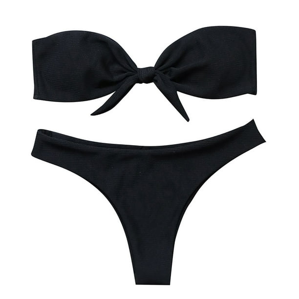 WILLBEST Trajes de Baño Mujer Completo Conjunto de Bikini Bandeau de Corte Alto Con Lazo Sólido Sexy Para Mujer Traje de Baño de Dos Piezas
