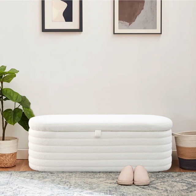 KOSSMAI Oval Upholstered Tufted Strip Storage Bench Ottoman 45.5" For Living Room Bed Room Entry White