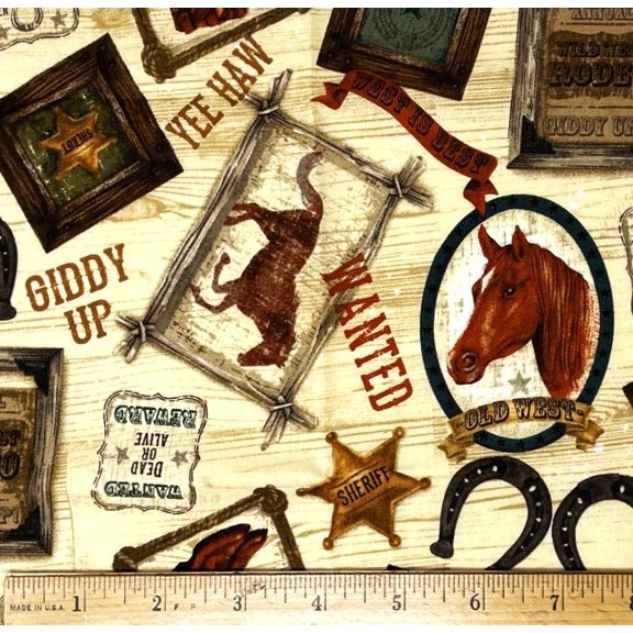 1 Fat Quarter - Wild West Horses Cowboy Boots on Tan Cotton Fabric - 21" X 18"