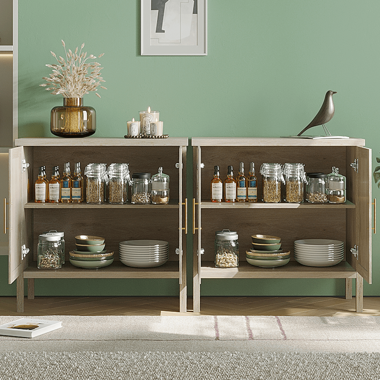 RichYa Modern Rattan Sideboard Buffet Cabinet with Shelves,Kitchen Storage Cabinet for Living Room,Entryway,Natural
