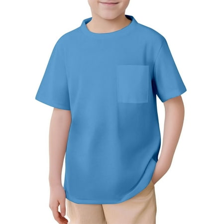 Boys Shirts Kids Mesh Pocket Tee Short Sleeve Breathable Crew Neck T-Shirt Lightweight Plain Top Unisex Casual Shirt for Boys & Girls Playtime Shirts for Boys Blue 6-7 Years