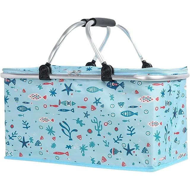 Cesta de picnic plegable con aislamiento, bolsa térmica plegable, cesta de comestibles portátil para acampar de 22 l con asas de aluminio (azul claro)