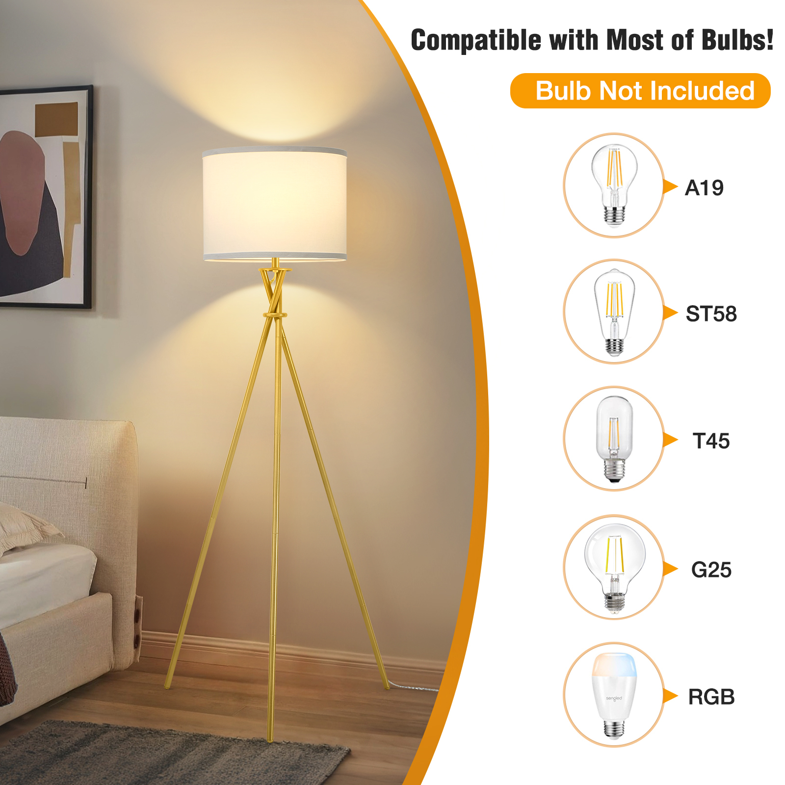 NATYSWAN 61" Gold Tripod Floor Lamp with White Shade photo 4