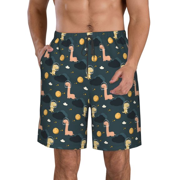 Honeii's Dinosaur In The Space Print Men's Casual Shorts with Drawstring,Swim Trunks Quick Dry Beach Shorts