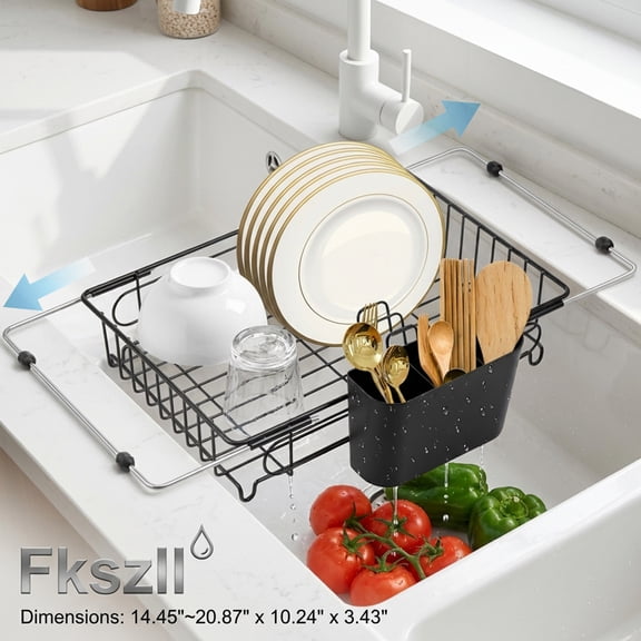 Expandable Dish Drying Rack in Sink Adjustable Stainless Steel Dish Drainer Over The Sink with Utensil Holder for Kitchen Sink, 14.5"~20.9" L x 10.2"W