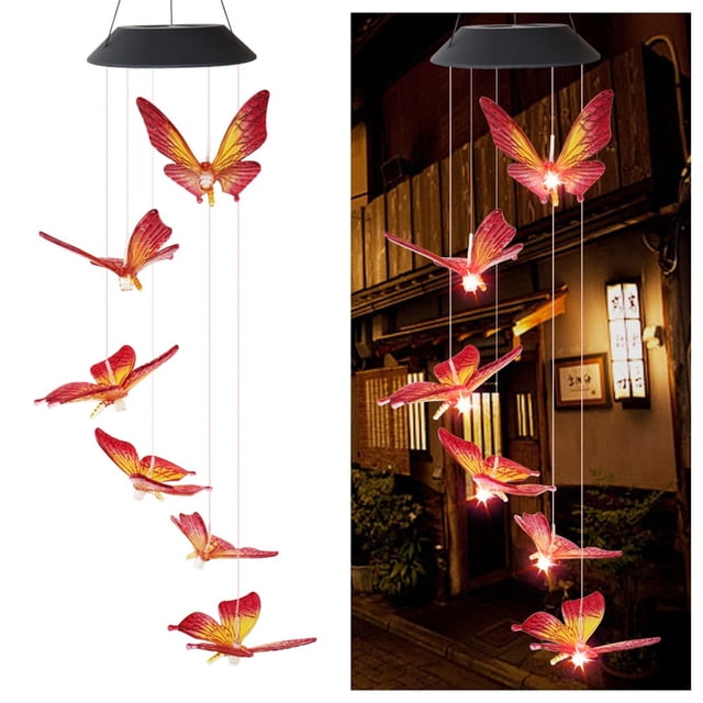 Solar Butterfly Wind Chime LED Lamp Colorful Discoloration Outdoor Garden Hanging Decoration