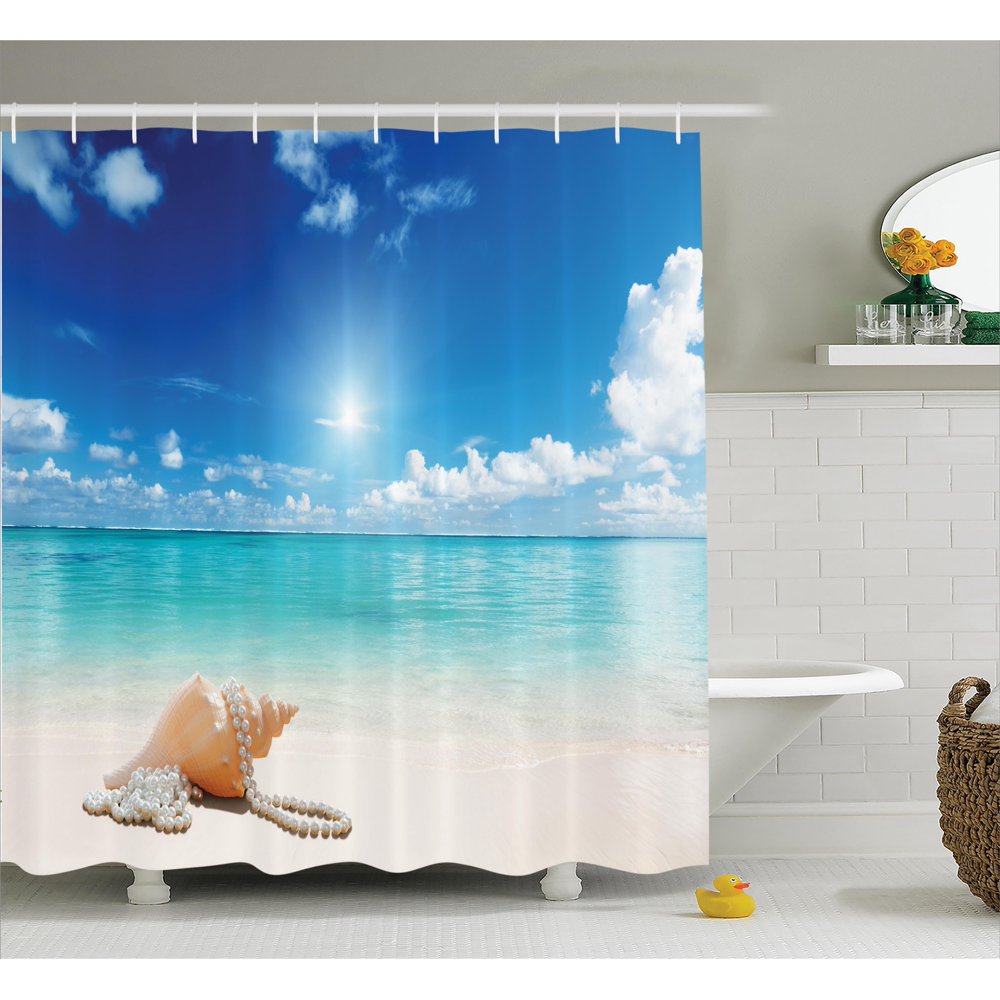 Shower Curtain Set, Seashells and Pearls on Sandy Beach Tropical Ocean Dreamiest Coastal Charm
