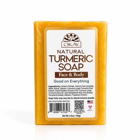 OKAY Pure Naturals Turmeric Soap Bar, Brightening & Deep Cleansing Bath Soap with Turmeric Extract, Helps Even Skin Tone & Refresh Skin, Paraben & Sulfate Free, 5.5 oz