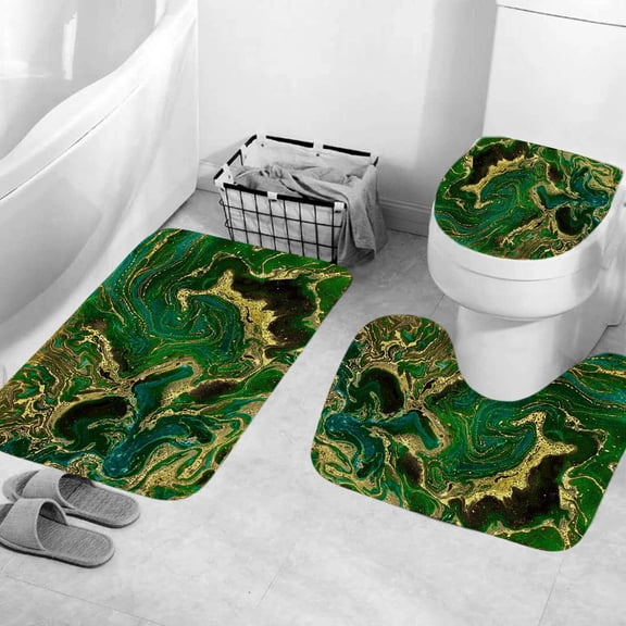 3 Pcs Set Bathroom Rugs Toilet Mats Green Gold Marbling Pattern Soft Absorbent Non-Slip Backing Mat Memory Foam Rug