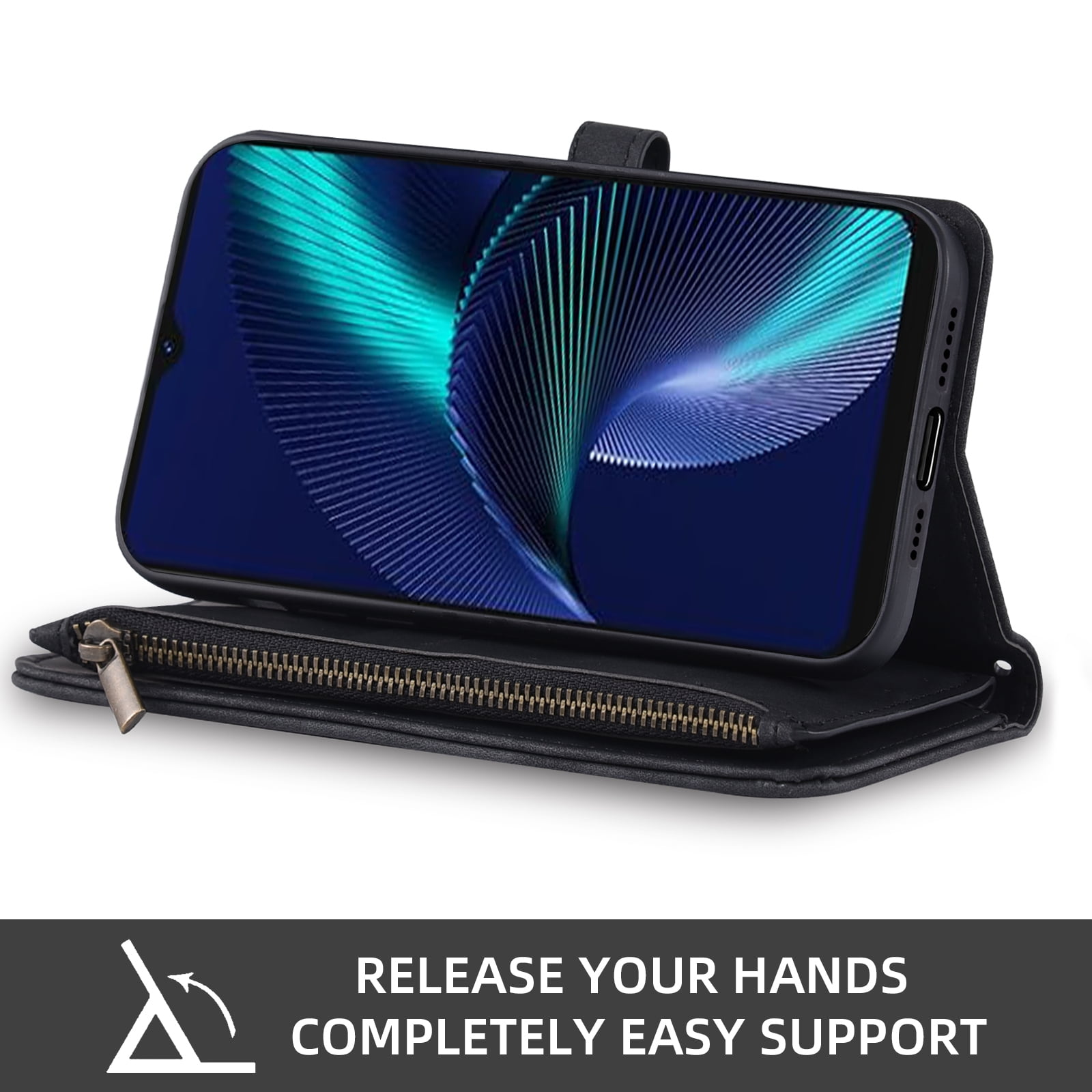 Asuwish Phone Case for Tracfone BLU View Speed 5G Wallet Cover With Tempered Glass Screen Protector Crossbody Wrist Strap Flip Pattern Zipper Credit Card Holder Cell BLUE ViewSpeed B1550VL Men Black