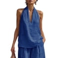 thumbnail image 2 of Linen Halter Tops for Women Flowy Loose Fit Sleeveless Tank Top Casual Summer V Neck Blouses Beach Clothes Blue XL, 2 of 7