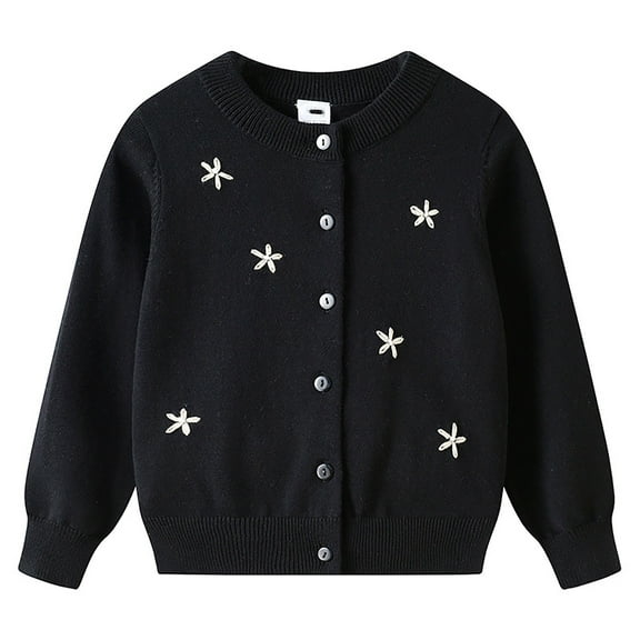 Curuila Kids Girls Coat Spring Autumn Long Sleeve Button Embroidered Flower Pattern Knitted Cardigan Lightweight Mid-Length Clothes Black Size 3-4 Years