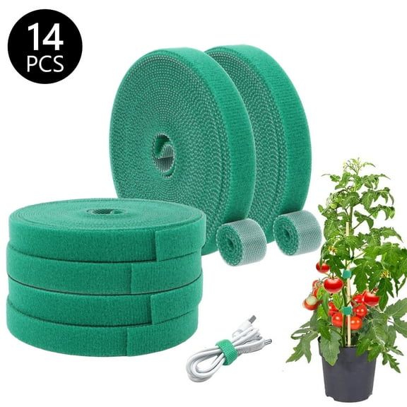 Tripumer 14 Pcs Green Nylon Reusable Strap Ties Adjustable Garden Support Type for Climbing Flowers Vines Tomatoes