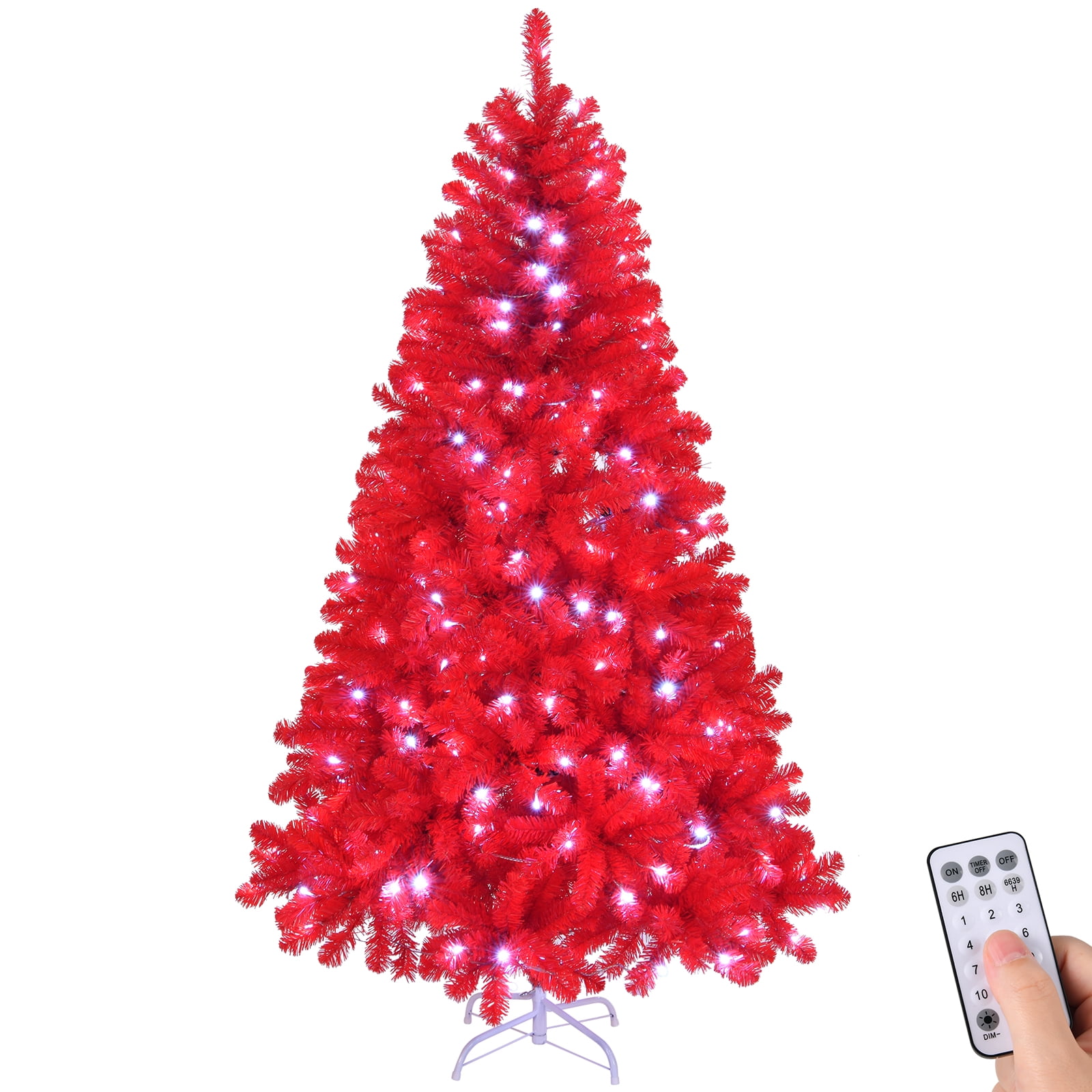 7 FT Pre-lit Artificial Christmas Tree, Hinged Xmas Pine Tree with 1100 Branch Tips, 400 Lights and Remote Control, 10 Modes and Stepless Dimming for Holiday Party Office Home, Red