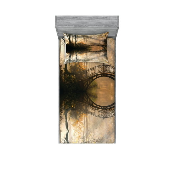 Ambesonne Landscape Fitted Sheet & Pillow Sham Set, Bridge River Forest, Twinxl, Multicolor