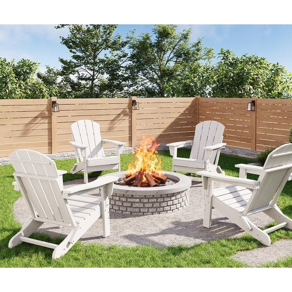 Folding Adirondack Chairs Set of 4, HDPE Plastic Outdoor Chairs with Wood Texture 380 LBS & Weather Resistant for Fire Pit, Deck, Patio, Pool, Backyard White