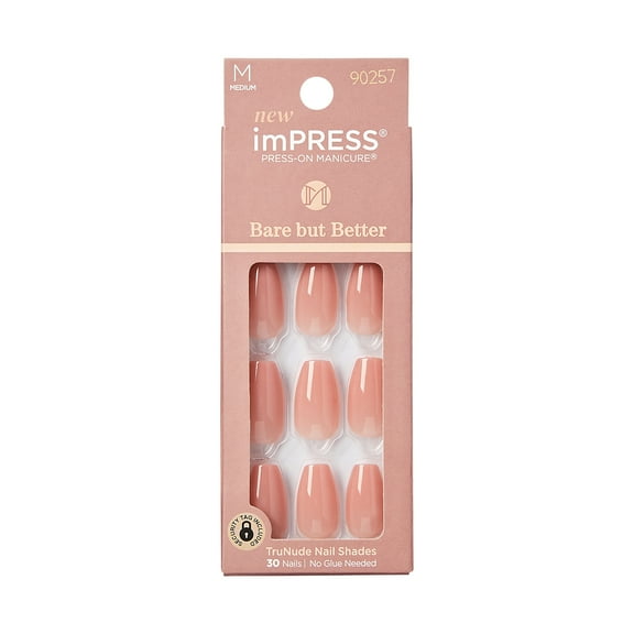 KISS imPRESS Bare but Better  Press on Nails, Real World, Beige, Medium Coffin, 30 Count