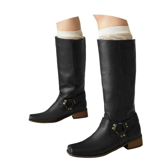 Mostsola Womens Motorcycle Boots Buckle Strap Riding Boots Square Toe Pull on Mid Calf Boots