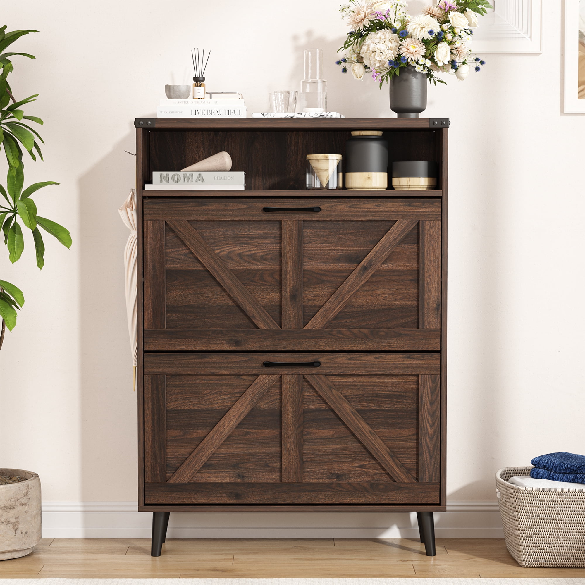 Veanerwood Entryway Wooden Shoe Storage Cabinet, Freestanding Flip