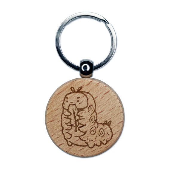 Chubby Caterpillar Eating Leaf Round Keychain Charm Tag - Engraved Wood