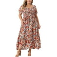 thumbnail image 2 of GRACE & GRANDEUR Women's Plus Size Short Sleeves Square Neck Smocked Boho Floral Maxi Dresses 1X Red, 2 of 6
