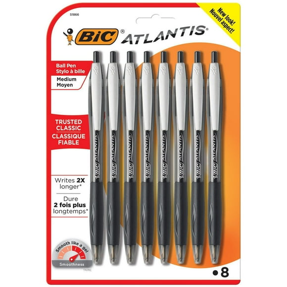 Stylo-bille rétractable BIC Atlantis Original, pointe moyenne, noir, lot de 8, L’original : apparence classique, touche classique