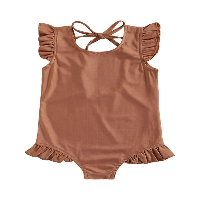 Toddler Girl One Piece Swimsuit Ruffle Sleeve Cross Back Swimwear Bathing Suit Solid Color Beachwear MHX