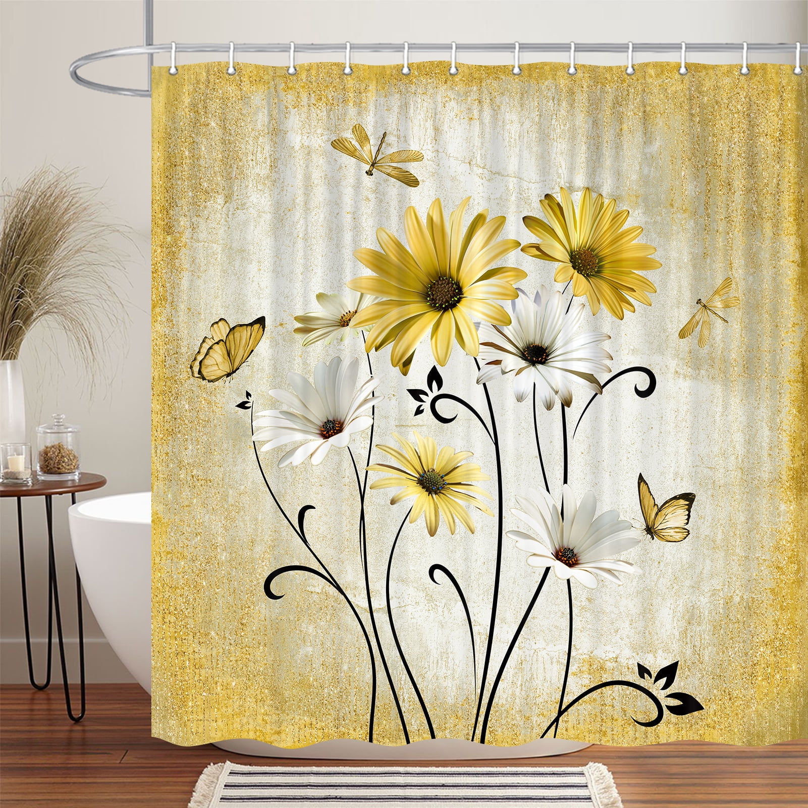 Rustic Boho Yellow Shower Curtain Farmhouse Daisy Floral Flowers Butterfly Dragonfly on Country Wooden Shower Curtain Set, Abstract Aesthetic Bathroom Accessory with Hooks, 70X70