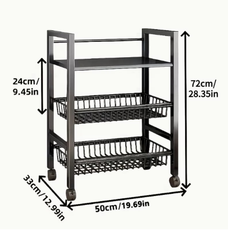 3-Tier Kichen Storage Shelf with Wire Baskets, Multifunctional Utility Serving Cart Kitchen Organizer Rack with Pulley for Vegetable Fruit Storage