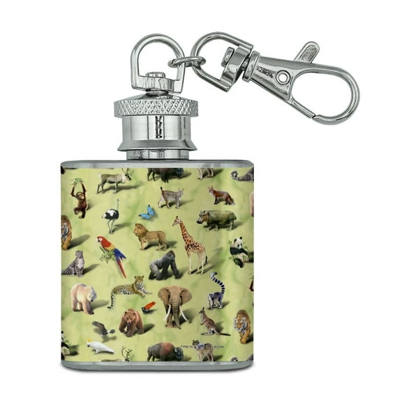 Land Animals Gorilla Lion Fox Giraffe Pattern Stainless Steel 1oz Mini Flask Key Chain