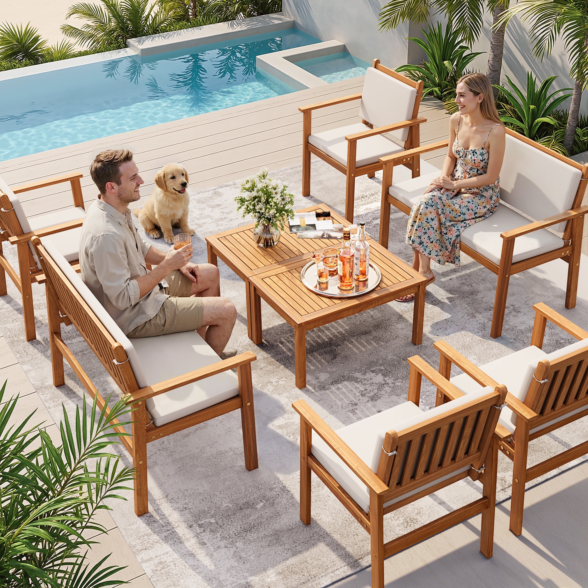 Lacoo 8 Pieces Acacia Wood Patio Conversation Set, Outdoor Furniture Set with Comfy Cushions, Beige