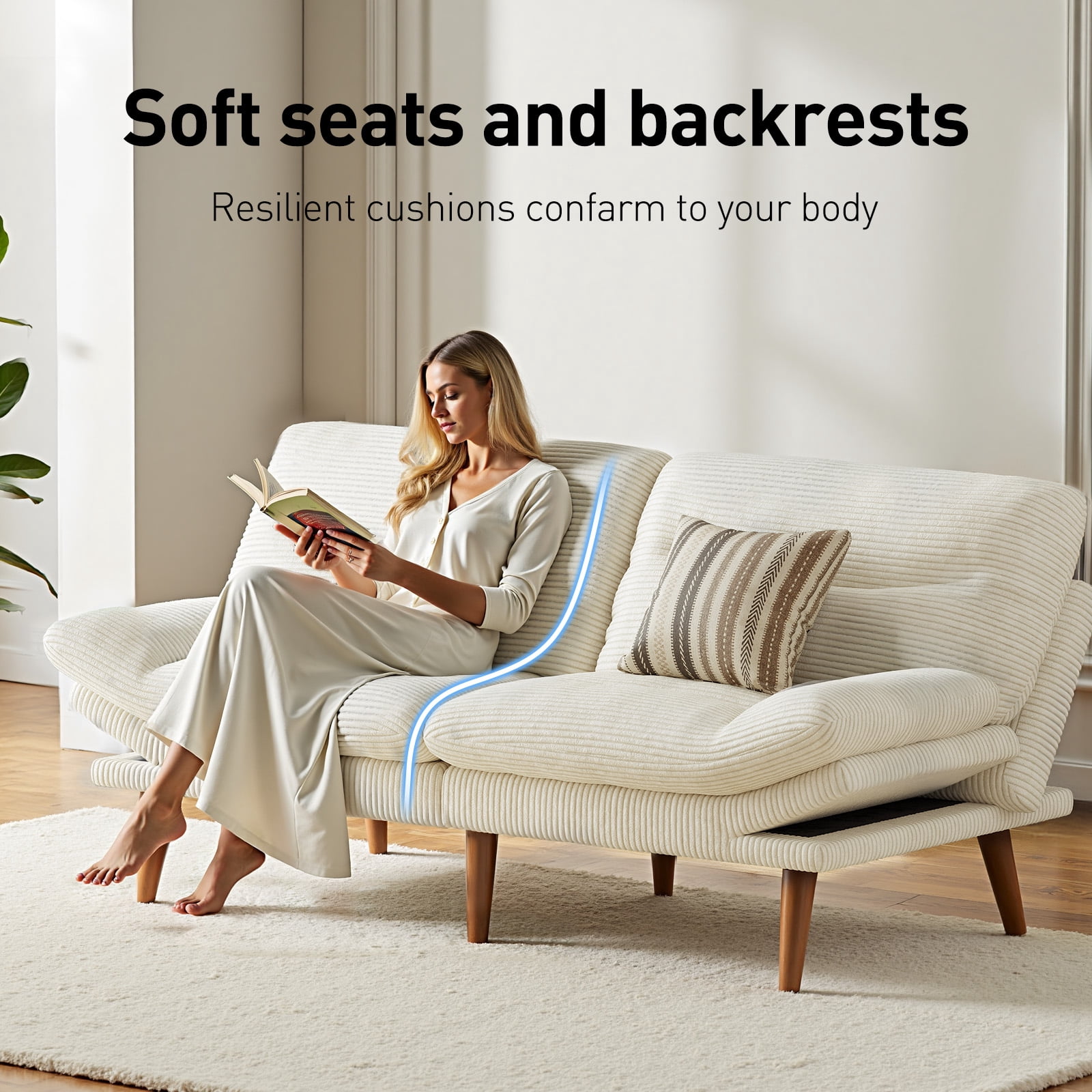CHITOOMA 66" Futon Sofa Bed with Adjustable Backrest and 6-Level Armrests, White Corduroy Convertible Futon Couch, Comfy Loveseat for Small Spaces, Apartment or Office