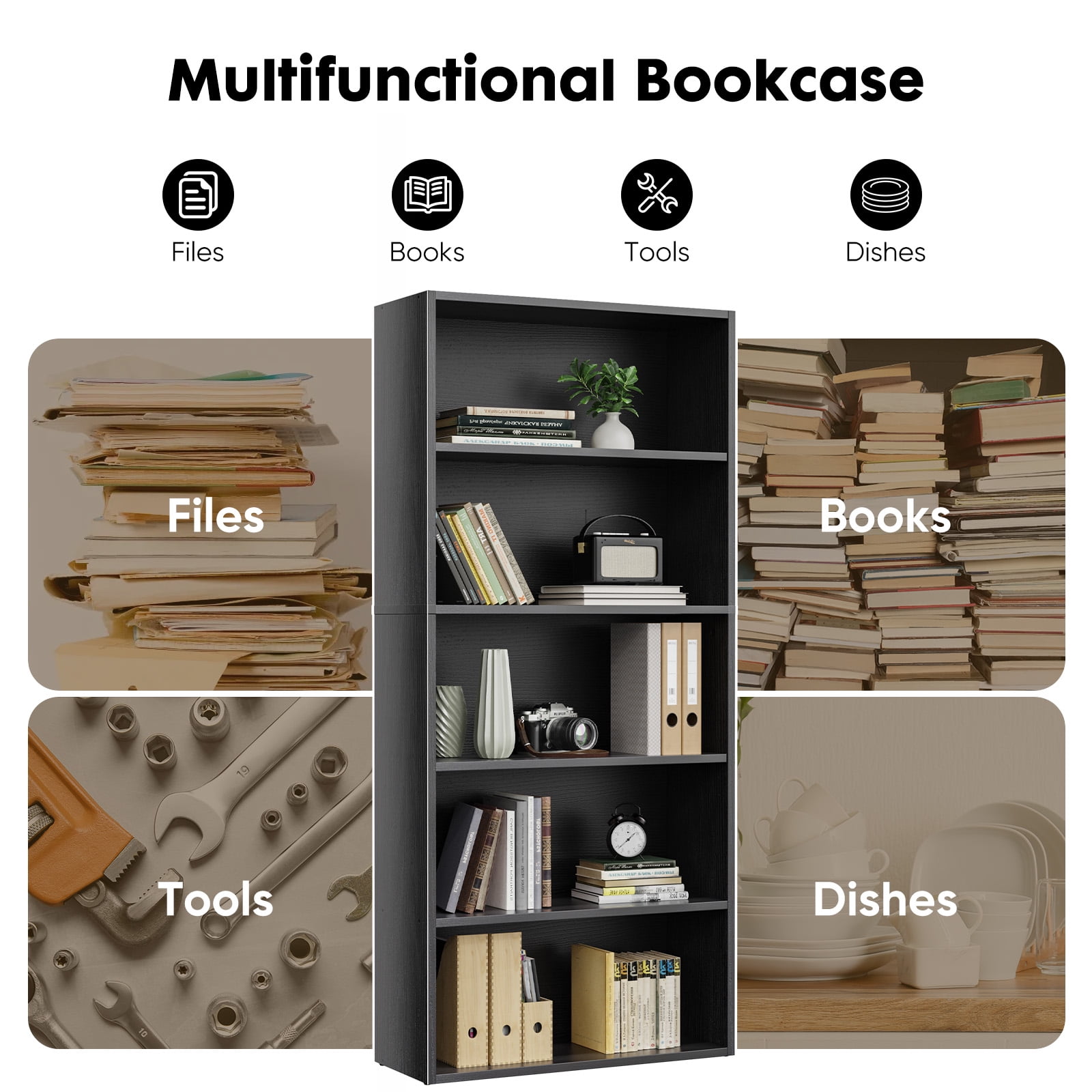 GIANNA 5-Shelf Bookcase, Floor Standing Storage Shelves, Black