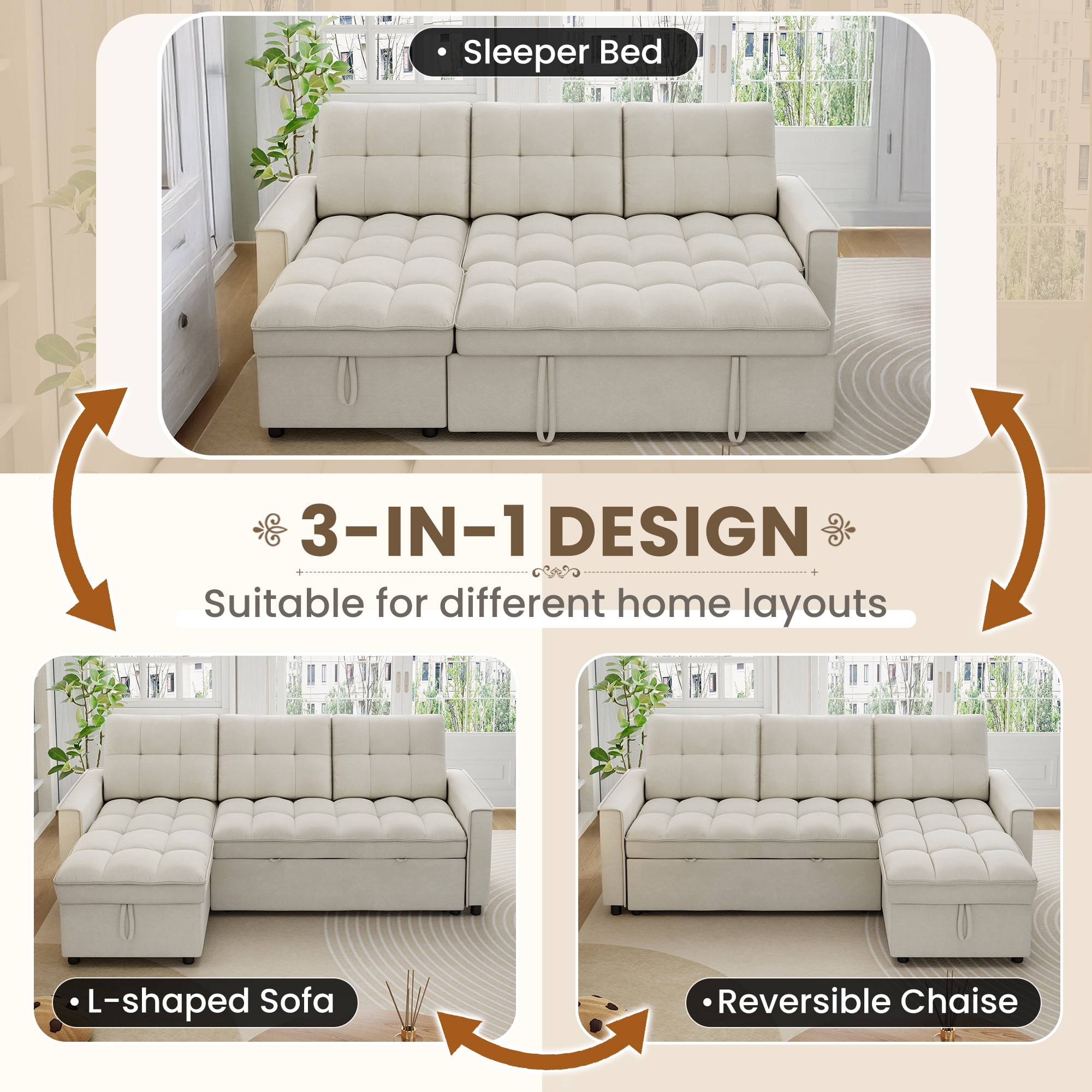 Muumblus Convertible Sofa Bed, Sectional Sleeper Sofa with Storage Chaise, L-Shaped Couch for Living Room, Beige Chenille