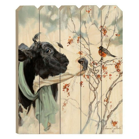 Winter Robin By Bonnie Mohr Printed on Wooden Picket Fence Wall Art Multi-Color