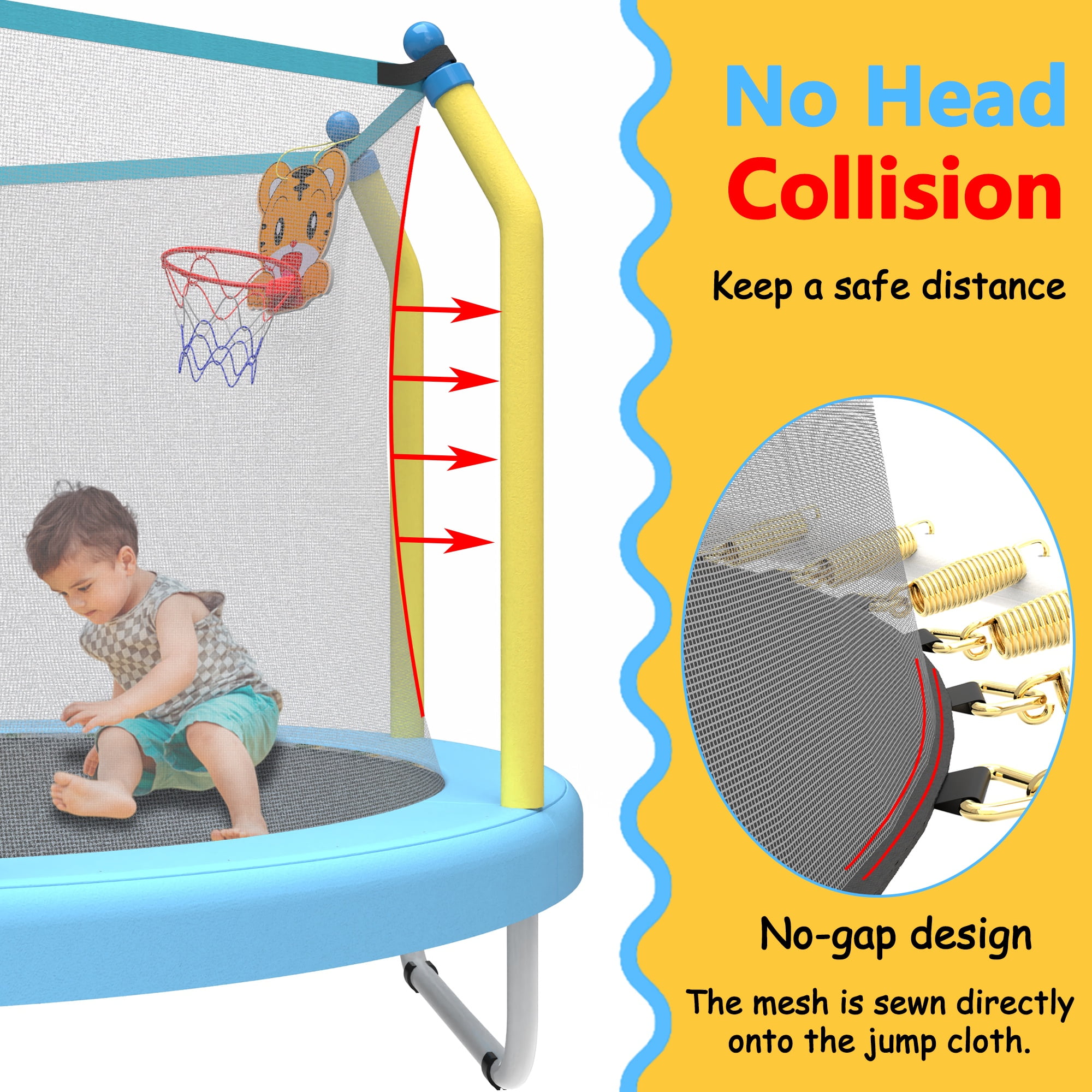 Toddler Trampoline with Safety Enclosure Net, Segmart Mini Trampoline with Cartoon Basketball Hoop, Recreational Trampoline with No-Gap Safe Design, Birthday Gifts for Boys & Girls