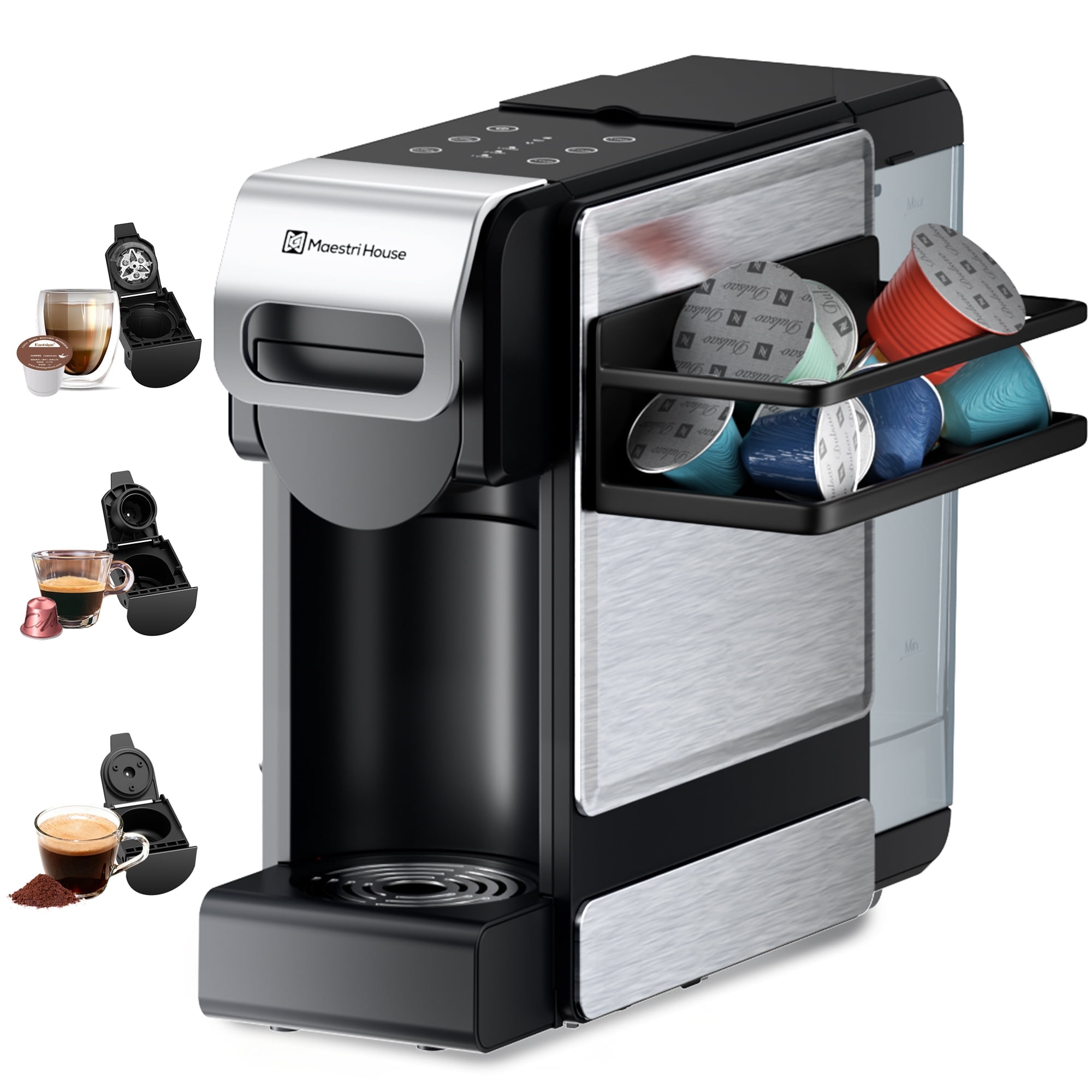 Coffee Maker 3-in-1 Single Serve Coffee Machine, for K-Cup Coffee Capsule Pod, Ground Coffee Powder Brewer, Stainless Steel Design, Sliver
